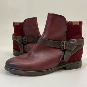 Pikolinos Ordino Leather Harness Ankle Boot Women Garnet Maroon Red 38 US 7.5-8